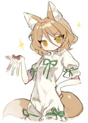 Rule 34 | 1girl, animal ears, blonde hair, closed mouth, fox ears, fox tail, green ribbon, highres, holding, kudamaki tsukasa, ribbon, romper, short hair, short sleeves, simple background, smile, solo, springarashi02, tail, test tube, touhou, unfinished dream of all living ghost, white background, white romper, yellow eyes