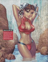 Rule 34 | 1girl, arms behind head, bikini, breasts, capcom, chun-li, cleavage, looking at viewer, magazine (object), psm, smile, solo, street fighter, swimsuit, water, waterfall