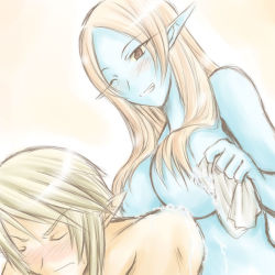 Rule 34 | 1boy, 1girl, bath, blue skin, breasts, colored skin, large breasts, link, long hair, microspace, midna, midna (true), mixed-sex bathing, nintendo, nude, one eye closed, orange hair, pointy ears, red eyes, shared bathing, soap, spoilers, the legend of zelda, the legend of zelda: twilight princess, wink