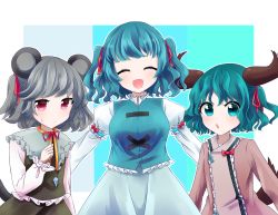 Rule 34 | animal ears, bad id, bad pixiv id, capelet, commentary request, dog ears, dog tail, closed eyes, green eyes, green hair, highres, jewelry, juliet sleeves, kasodani kyouko, long sleeves, mouse ears, mouse tail, nazrin, pendant, puffy sleeves, red eyes, skirt, tail, tatara kogasa, touhou, twintails, two side up, vest