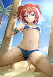 Rule 34 | 1girl, bare shoulders, bikini, blue bikini, blush, breasts, circlet, green eyes, groin, highres, kokoro magic a to z, kurosawa ruby, legs, love live!, love live! sunshine!!, nail polish, navel, obelisk, open mouth, outdoors, palm tree, parted lips, red hair, rick-chan, sand, sky, small breasts, smile, solo, spread legs, squatting, swimsuit, teeth, tree, twintails