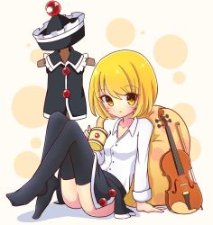 Rule 34 | 1girl, black thighhighs, blonde hair, blush, buttons, collared shirt, commentary request, crescent, cup, full body, hat, unworn hat, unworn headwear, highres, holding, inon, instrument, long sleeves, looking at viewer, lunasa prismriver, mug, no shoes, shirt, short hair, sitting, skirt, solo, thighhighs, touhou, violin, white shirt, yellow eyes