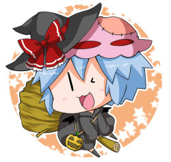 Rule 34 | &gt; o, 1girl, :3, ;d, alternate costume, bad id, bad pixiv id, black eyes, black legwear, black wings, blue hair, blush, bow, broom, broom riding, chibi, commentary request, full body, hair between eyes, halloween, hat, hat bow, hat over hat, jack-o&#039;-lantern, long sleeves, looking at viewer, mob cap, no shoes, noai nioshi, one eye closed, open mouth, red bow, remilia scarlet, short hair, simple background, smile, solo, star (symbol), stitches, touhou, white background, wings, witch, witch hat, | |