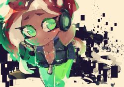 Rule 34 | 1girl, :/, azu (acha2223), bare shoulders, breasts, cleavage, closed mouth, dark-skinned female, dark skin, fingerless gloves, gloves, green eyes, green pantyhose, hand on own hip, hand up, headphones, leaning forward, long hair, looking at viewer, marina (splatoon), mole, mole under mouth, multicolored hair, nintendo, octoling, paint splatter, pantyhose, red hair, shorts, solo, splatoon (series), splatoon 2, standing, suction cups, tentacle hair, unzipped, vest, zipper, zipper pull tab