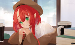 Rule 34 | absurdres, bad source, beret, book, brown hat, cape, green eyes, hat, highres, itorio fransuaza, light smile, looking at viewer, original, pointy ears, red hair, shirt, short hair with long locks, smile, white shirt