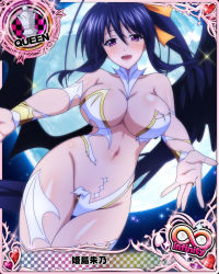 Rule 34 | 1girl, ahoge, angel wings, bare shoulders, black hair, breasts, card (medium), chess piece, demon wings, detached sleeves, hair between eyes, heart, high school dxd, high school dxd infinity, himejima akeno, large breasts, looking at viewer, moon, navel, night, official art, open mouth, outdoors, ponytail, purple eyes, queen (chess), solo, thighhighs, tongue, torn clothes, wings