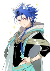Rule 34 | 1boy, age regression, aged down, animal ears, asymmetrical bangs, blue hair, blush, bodysuit, bodysuit under clothes, bracelet, braid, braided ponytail, capelet, child, chinese commentary, closed mouth, commentary request, cu chulainn (fate), dog boy, dog ears, earrings, fate/grand order, fate/grand order arcade, fate (series), hand on own hip, highres, hood, hood down, hooded capelet, jewelry, long hair, long sleeves, looking at viewer, male focus, muscular, muscular child, red eyes, setanta (fate), simple background, smile, solo, sparkle, spiked hair, upper body, white background, yway1101