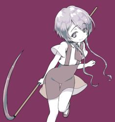 Rule 34 | 1other, amimi, androgynous, colored eyelashes, eyes visible through hair, gem uniform (houseki no kuni), ghost quartz (houseki no kuni), grey eyes, grey hair, hair over one eye, holding, holding weapon, houseki no kuni, looking at viewer, necktie, purple background, scythe, see-through, short hair, simple background, smile, solo, suspenders, weapon