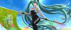 Rule 34 | 1girl, absurdres, aqua hair, asymmetrical legwear, banner, black bodysuit, black gloves, black thighhighs, blue sky, blush, bodysuit, breasts, closed mouth, covered navel, day, floating hair, from below, gloves, green eyes, green gloves, hatsune miku, highres, holding, long hair, long sleeves, looking at viewer, ma 0 4, medium breasts, outdoors, racing miku, racing miku (2022), sky, smile, solo, standing, thighhighs, twintails, two-tone gloves, very long hair, vocaloid