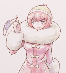 Rule 34 | 1girl, :q, ando ruruka, blush stickers, bow, breasts, commentary request, danganronpa (series), danganronpa 3 (anime), fur-trimmed jacket, fur trim, grey background, grey eyes, hat, holding, holding mask, jacket, large breasts, long sleeves, looking at viewer, mask, unworn mask, mouth mask, namu (nurui cha), pink hair, pink jacket, short hair, simple background, smile, solo, tongue, tongue out, upper body, white bow