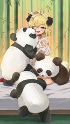 Rule 34 | 1girl, ;d, absurdres, animal ears, bamboo, bamboo forest, blonde hair, blue eyes, blush, cardigan, dress, forest, grey dress, hair ornament, hairband, hairclip, highres, hololive, horns, licking, licking another&#039;s face, nature, neck ribbon, one eye closed, open mouth, panda, red ribbon, ribbon, sanutarou, sheep ears, sheep girl, sheep horns, short hair, smile, tsunomaki watame, tsunomaki watame (street casual), virtual youtuber, white cardigan, white hairband