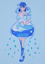 Rule 34 | 1girl, bare shoulders, blue background, blue eyes, blue hair, dress, expressionless, full body, highres, liquid hair, long hair, looking at viewer, meyoco, off-shoulder dress, off shoulder, original, signature, simple background, solo, sparkle, standing, water