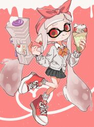 Rule 34 | 1girl, black skirt, bow, bow hairband, closed mouth, commentary request, cross-laced footwear, eyelashes, full body, grey hair, gun, hair bow, hairband, hazime no1, highres, holding, holding gun, holding weapon, ice cream crepe, inkling, inkling girl, inkling player character, long hair, looking at viewer, nintendo, pleated skirt, pointy ears, red background, red bow, red eyes, red footwear, red hairband, shoes, skirt, smile, socks, solo, splatoon (series), splatoon 3, splattershot jr (splatoon), standing, standing on one leg, sticker, tentacle hair, thick eyebrows, weapon, white socks