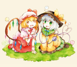 Rule 34 | 2girls, all fours, blonde hair, blouse, blush stickers, bubble, closed eyes, colored pencil (medium), fang, fingernails, flandre scarlet, frilled hat, frilled skirt, frills, grass, green eyes, hand on own chest, hat, hat ribbon, heart, heart of string, highres, kneeling, komeiji koishi, looking at viewer, mary janes, mob cap, multiple girls, nail polish, open mouth, outdoors, painting (medium), pink background, puffy short sleeves, puffy sleeves, ribbon, shiro tsugumi, shirt, shoes, short sleeves, simple background, skirt, skirt set, sleeves past wrists, third eye, touhou, traditional media, watercolor (medium), watercolor pencil (medium), white hair, wings, wrist cuffs