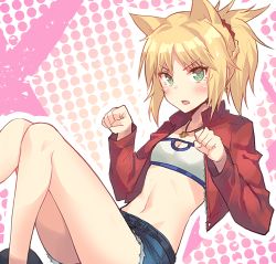 Rule 34 | &gt;:o, 1girl, :o, animal ears, bad id, bad twitter id, bandeau, belt, blonde hair, blush, breasts, cat ears, cleavage, cropped jacket, cutoffs, denim, denim shorts, dutch angle, eyebrows, fate/apocrypha, fate/grand order, fate (series), g.t, green eyes, highres, jewelry, kemonomimi mode, long sleeves, midriff, mordred (fate), mordred (fate/apocrypha), mordred (memories at trifas) (fate), navel, necklace, open mouth, paw pose, pendant, ponytail, scrunchie, short shorts, shorts, sitting, small breasts, solo, strapless, thighs, tube top, unzipped, v-shaped eyebrows