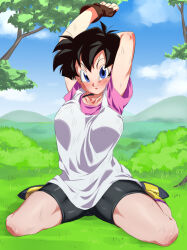 Rule 34 | 1girl, bike shorts, black hair, blue eyes, blush, breasts, brown gloves, closed mouth, collarbone, dragon ball, dragonball z, female focus, fingerless gloves, full body, gloves, grass, large breasts, looking at viewer, outdoors, rom (20), shirt, short hair, smile, solo, tree, videl, white shirt
