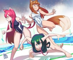 Rule 34 | 10s, 3girls, :&gt;, animal ears, asui tsuyu, blazblue, blue one-piece swimsuit, boku no hero academia, breasts, brown eyes, brown hair, cat ears, cat tail, competition swimsuit, crossover, ddrake13, frog girl, glasses, green eyes, green hair, highres, holo, keijo!!!!!!!!, kokonoe (blazblue), long hair, long tongue, low-tied long hair, medium breasts, multiple crossover, multiple girls, nekomata, one-piece swimsuit, parody, pink hair, pool, small breasts, smile, spice and wolf, swimsuit, tail, tongue, very long hair, very long tongue, white one-piece swimsuit, wolf ears, wolf tail, yellow eyes