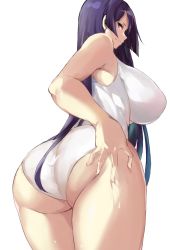 Rule 34 | 1girl, ass, back, bad id, bad twitter id, bare shoulders, blush, breasts, closed mouth, fate/grand order, fate (series), hand on own ass, highres, large breasts, long hair, looking at viewer, looking back, minamoto no raikou (fate), one-piece swimsuit, parted bangs, purple eyes, purple hair, smile, solo, spider apple, swimsuit, thighs, very long hair, white one-piece swimsuit, wide hips