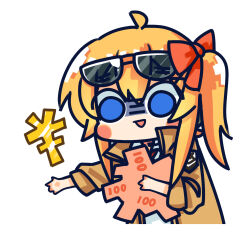 Rule 34 | 1girl, ahoge, blue eyes, blush stickers, brown jacket, chibi, chinese commentary, commentary request, eyewear on head, girls&#039; frontline, hair between eyes, hair ribbon, highres, holding, holding money, jacket, kalina (girls&#039; frontline), long hair, long sleeves, money, official art, open mouth, orange hair, outstretched arm, red ribbon, ribbon, shaded face, shirt, side ponytail, simple background, smile, solo, su xiao jei, sunglasses, upper body, white background, white shirt, yen sign
