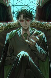 1boy black_hair chair collared_shirt crossed_legs harry_potter_(series) highres hogwarts_school_uniform long_sleeves looking_at_viewer male_focus monaca_vol pants red_eyes school_uniform shirt short_hair sitting slytherin solo tom_marvolo_riddle wizarding_world