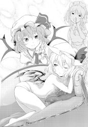 Rule 34 | 3girls, = =, arm support, barefoot, blood, blush stickers, couch, dutch angle, female focus, flandre scarlet, greyscale, hand on own cheek, hand on own face, hat, izayoi sakuya, misashi (raichi821), monochrome, multiple girls, nosebleed, one eye closed, panties, panties only, remilia scarlet, sleepy, teardrop, topfreedom, topless, touhou, underwear, underwear only, wings, wink