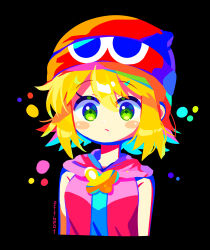 Rule 34 | 1girl, absurdres, amitie (puyopuyo), black background, blonde hair, blush, green eyes, hat, highres, offbeat, puyopuyo, puyopuyo fever, red hat, short hair, simple background, sleeveless, solo