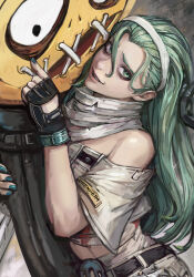 Rule 34 | 1girl, a.b.a, bags under eyes, bandaged chest, bandages, blood, blood on clothes, bloody bandages, chain, fingerless gloves, gloves, green hair, guilty gear, guilty gear strive, highres, key, key in head, looking at viewer, miche, object through head, paracelsus (guilty gear), smile, stitched mouth, stitches