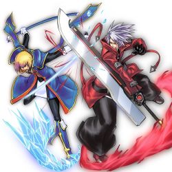 Rule 34 | 2boys, arc system works, blazblue, blazblue: calamity trigger, blonde hair, fighting, fire, highres, ice, kisaragi jin, multiple boys, ragna the bloodedge, silver hair, simple background, sword, weapon