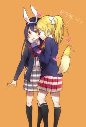 Rule 34 | 2girls, animal ears, ayase eli, blonde hair, blue hair, blush, closed eyes, feet out of frame, fox tail, futonchan, hair between eyes, hand on another&#039;s face, hand on another&#039;s hip, heart, kneehighs, long hair, love live!, love live! school idol project, multiple girls, pleated skirt, ponytail, rabbit ears, school uniform, simple background, skirt, socks, sonoda umi, standing, tail, yellow eyes, yuri