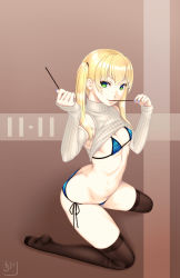Rule 34 | 1girl, ass, bikini, black thighhighs, blonde hair, breasts, butt crack, cleavage, covered erect nipples, dated, detached sleeves, food, green eyes, looking at viewer, nail polish, navel, original, osafune kairi, pocky, pocky day, ribbed sweater, side-tie bikini bottom, sleeveless, sleeveless turtleneck, small breasts, smile, solo, striped bikini, striped clothes, sweater, swimsuit, thighhighs, turtleneck, twintails