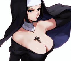 Rule 34 | 1girl, ai-assisted, alternate costume, arm up, bare shoulders, black gloves, black hair, blue eyes, breasts, cleavage, closed mouth, commentary, elbow gloves, english commentary, gloves, habit, highres, large breasts, nico robin, nun, off shoulder, one piece, shiny skin, short hair, smile, solo, vcais
