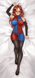 Rule 34 | 1girl, android 21, armpits, artist name, bare shoulders, bed sheet, black-framed eyewear, black pantyhose, blue eyes, blush, breasts, brown hair, checkered clothes, checkered dress, curly hair, dakimakura (medium), detached sleeves, dragon ball, dragon ball fighterz, dress, earrings, easonx, from above, full body, glasses, highres, hoop earrings, jewelry, lab coat, large breasts, lips, long hair, looking at viewer, nail polish, pantyhose, pink lips, sheet grab, shiny clothes, sleeveless, sleeveless dress, solo