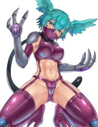 Rule 34 | 1girl, armpit peek, bird legs, blue eyes, blue hair, breasts, cameltoe, claws, digimon, digimon (creature), female focus, full body, harpy, head wings, highres, kneeling, large breasts, looking at viewer, mask, midriff, monster girl, mouth mask, navel, revealing clothes, shiny clothes, shiny skin, short hair, shutumon, solo, thong, toned, toned stomach, wide hips, wings, ytrall
