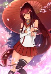 Rule 34 | 1girl, bad id, bad twitter id, brown eyes, brown hair, cherry blossoms, detached sleeves, feet out of frame, female focus, headgear, highres, hip vent, kantai collection, long hair, looking at viewer, matching hair/eyes, oil-paper umbrella, pleated skirt, ponytail, red skirt, red umbrella, shiina aoi, single thighhigh, skirt, smile, solo, standing, thighhighs, umbrella, yamato (kancolle), z flag