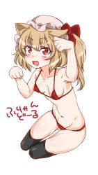 Rule 34 | 1girl, animal ears, bad id, bad twitter id, bikini, black thighhighs, blonde hair, blush, cat ears, flandre scarlet, hat, hat ribbon, highres, kemonomimi mode, looking at viewer, mob cap, navel, no wings, open mouth, paw pose, red bikini, red eyes, ribbon, short hair, simple background, smile, solo, swimsuit, text focus, thighhighs, touhou, white background, yuma (aku   me)