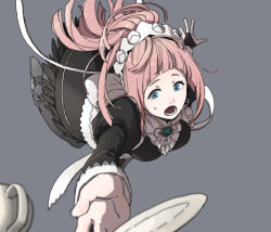 Rule 34 | 1girl, apron, bad id, bad pixiv id, boots, felicia (fire emblem), fire emblem, fire emblem fates, gem, grey background, high heel boots, high heels, long hair, maid apron, maid headdress, nintendo, open mouth, pink hair, plate, ponytail, simple background, solo, teeth, thighhighs
