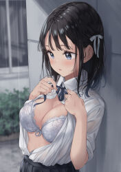 Rule 34 | :o, black ribbon, blue eyes, blunt bangs, blush, bra, breasts, breasts out, cleavage, collared shirt, commentary request, floral print, hair ribbon, highres, light blush, lingerie, looking down, medium breasts, medium hair, midriff, open clothes, open shirt, original, outdoors, pleated skirt, rain, ribbon, school uniform, shirt, skirt, underwear, undressing, wet, wet clothes, wet hair, wet shirt, white bra, white ribbon, white shirt, wing (aiastor)
