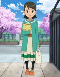 Rule 34 | bag, cardigan, dress, food, green eyes, green hair, inazuma eleven, inazuma eleven (series), inazuma eleven go, jewelry, kino aki, necklace, pantyhose, screencap, shoes, shopping bag, smile, solo, spring onion, stitched, third-party edit