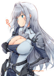 Rule 34 | 1girl, armor, blue eyes, blush, breast tattoo, breasts, cleavage, cleavage cutout, closed mouth, clothing cutout, ethel (xenoblade), grey background, hand on own hip, highres, izumi mahiru, large breasts, long hair, looking away, looking to the side, pulled by self, shoulder armor, simple background, smile, solo, tattoo, twitter username, very long hair, xenoblade chronicles (series), xenoblade chronicles 3