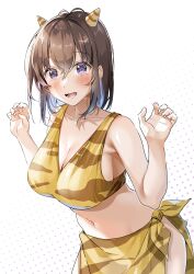 Rule 34 | 1girl, animal print, bikini, blush, breasts, brown hair, claw pose, cleavage, collarbone, colored inner hair, commentary request, fake horns, hair between eyes, hawawa-chan (shiro kuma shake), highres, horns, large breasts, looking at viewer, multicolored hair, navel, oni, open mouth, original, purple eyes, purple hair, sarong, shiro kuma shake, smile, standing, swimsuit, teeth, textless version, tiger print, two-tone hair, white background, yellow bikini, yellow sarong