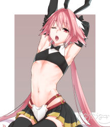 Rule 34 | 1boy, armor, armpits, arms behind head, arms up, astolfo (fate), astolfo (saber) (fate), bare shoulders, belt, black bow, black bowtie, black gloves, black ribbon, black shirt, black skirt, black thighhighs, blush, bow, bowtie, crop top, crossdressing, fate/grand order, fate (series), faulds, gloves, hair intakes, long hair, looking at viewer, low twintails, male focus, midriff, monakaunagi, multicolored hair, navel, one eye closed, open mouth, pink hair, pleated skirt, purple eyes, ribbon, shirt, skirt, solo, streaked hair, thighhighs, thighs, trap, twintails, white hair