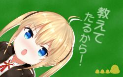 Rule 34 | 1girl, ahoge, amazon (azur lane), animal, azur lane, bird, black jacket, blonde hair, blue eyes, blush, chalkboard, chick, collared shirt, commentary, drop shadow, dutch angle, highres, jacket, long hair, looking at viewer, nose blush, open clothes, open jacket, open mouth, shirt, solo, star (symbol), symbol-only commentary, twintails, v-shaped eyebrows, white shirt, yuujoduelist