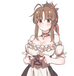 Rule 34 | 1girl, aa211108, akizuki ritsuko, antenna hair, bare shoulders, blush, breasts, brown eyes, brown hair, cleavage, closed mouth, corset, detached sleeves, dot mouth, dot nose, dress, frilled dress, frills, hair over shoulder, hair ribbon, holding, holding removed eyewear, idolmaster, idolmaster (classic), idolmaster million live!, idolmaster million live! theater days, jewelry, large breasts, necklace, parted bangs, ponytail, puffy detached sleeves, puffy sleeves, ribbon, sidelocks, simple background, solo, sweat, transparent background, unworn eyewear, upper body