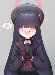 Rule 34 | 1girl, black hair, black hat, blue archive, blush, grey background, hair over eyes, hat, highres, justice task force member (blue archive), kirigakure (iroiro tsukauyo), long hair, open mouth, simple background, solo, upper body
