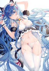 Rule 34 | 1girl, absurdres, animal ears, bell, blue eyes, blue hair, blush, breasts, cat ears, cat tail, cleavage, dress, eikaa, frills, garter belt, garter straps, hair ornament, highres, jingle bell, long hair, looking at viewer, maid, maid headdress, medium breasts, navel, neck bell, panties, parted lips, puffy short sleeves, puffy sleeves, re:zero kara hajimeru isekai seikatsu, rem (re:zero), scan, short sleeves, simple background, solo, stomach, tail, thighhighs, thighs, underwear, very long hair, white background, white thighhighs, wrist cuffs