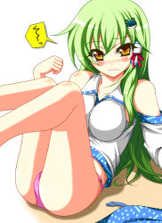 Rule 34 | 1girl, bad id, bad pixiv id, bare legs, bare shoulders, blush, body blush, breasts, embarrassed, female focus, green hair, hair ornament, hair tubes, impossible clothes, impossible shirt, kochiya sanae, large breasts, looking at viewer, no pants, orange eyes, panties, pink panties, sayossa (pak-front), shirt, simple background, solo, touhou, underwear, wavy mouth, white background, yellow eyes