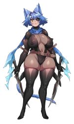 Rule 34 | absurdres, animal ears, areola slip, belt, black bodysuit, blue hair, bodystocking, bodysuit, bodysuit under clothes, boots, breasts, cat ears, cat girl, cat tail, covered erect nipples, covered navel, dual wielding, elbow gloves, eyepatch, gloves, high heel boots, high heels, highleg, highleg leotard, highres, holding, large breasts, leather belt, leotard, naidong (artist), original, puffy areolae, scarf, shiny clothes, shiny skin, short hair, skindentation, sword, tail, thick thighs, thighhighs, thighs, turtleneck, unzipped bodysuit, weapon, white background, yellow eyes