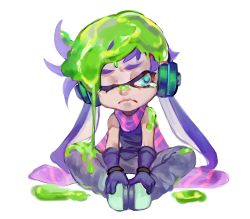Rule 34 | 1boy, az (kroneko007), blue eyes, blue hair, butterfly sitting, fingerless gloves, fusion, gloves, headphones, inkling, inkling boy, inkling player character, jojo no kimyou na bouken, joseph joestar, joseph joestar (young), looking to the side, lowres, male focus, pout, purple hair, scarf, sitting, slime (substance), solo, striped clothes, striped scarf, tentacle hair, wince