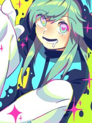Rule 34 | 1boy, aqua hair, blue eyes, blush, drooling, ecolo (puyopuyo), eyes visible through hair, gloves, hand on own knee, heart, heart-shaped pupils, knees up, long hair, looking at viewer, lower teeth only, male focus, mismatched pupils, mouth drool, multicolored eyes, neon palette, open mouth, pantyhose, pink eyes, pink pupils, puyopuyo, romper, sidelocks, sitting, solo, sparkle, star-shaped pupils, star (symbol), symbol-shaped pupils, teeth, turtleneck, unusual ecolo, white gloves, white pantyhose, yellow background, yellow pupils, yuzuyuki