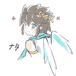 1boy alternate_color angel angel_wings blue_eyes blue_scarf blush_stickers brown_hair chinese_commentary closed_mouth flower gold_armlet hair_between_eyes highres kid_icarus kid_icarus_uprising laurel_crown male_focus md5_mismatch nintendo pit_(kid_icarus) scarf shiba_(manbai_cnm) short_hair sidelocks solo spiked_hair wings